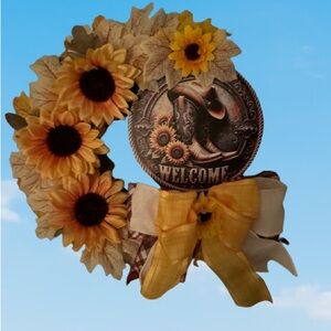 Welcome Cowboy Boots & Hat Sunflower Wreath 13”